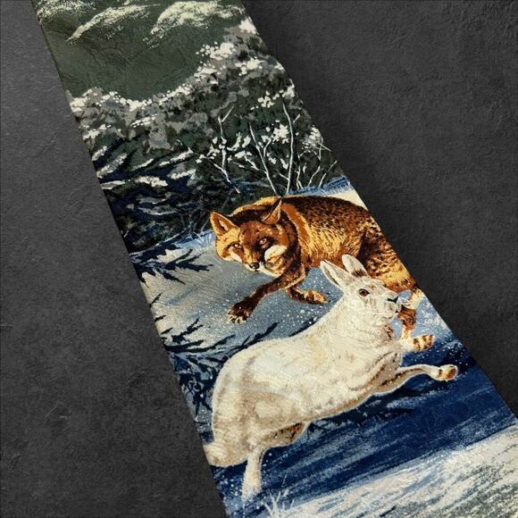 Endangered Species Red Fox + White Rabbit 100% Silk Men's Tie - Picture 2 of 3